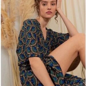 SILK & SALT JOURNEY CLAUDETTE AFRICAN PEACOCK WRAP MAXI DRESS BOHO CHIC